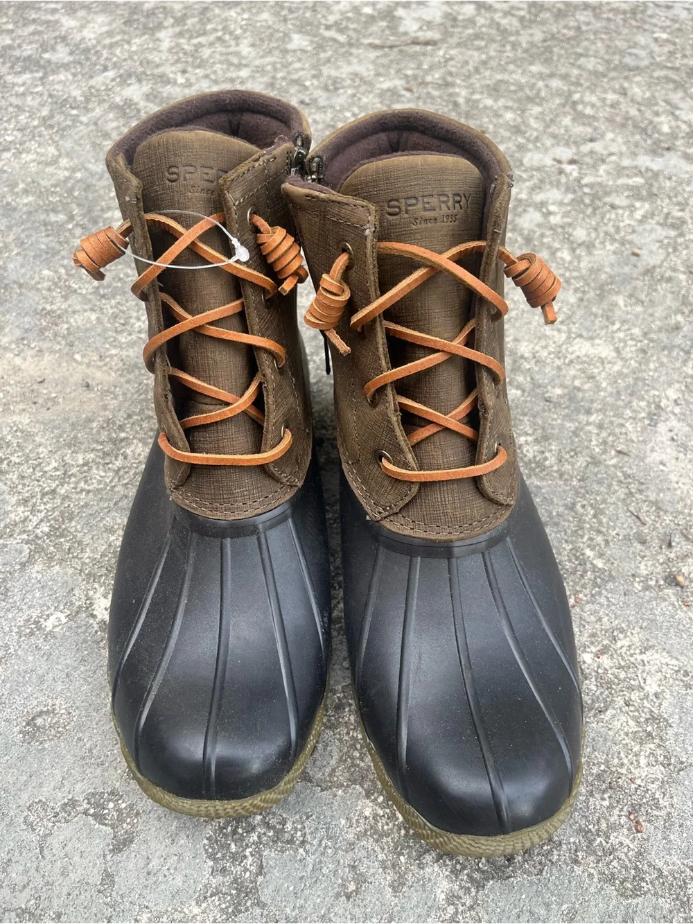 Sperry Brown Canvas + Black Rubber Duck Boots women’s size 9